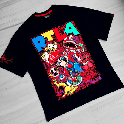 Black t-shirt with colorful graphic design on a light wooden floor