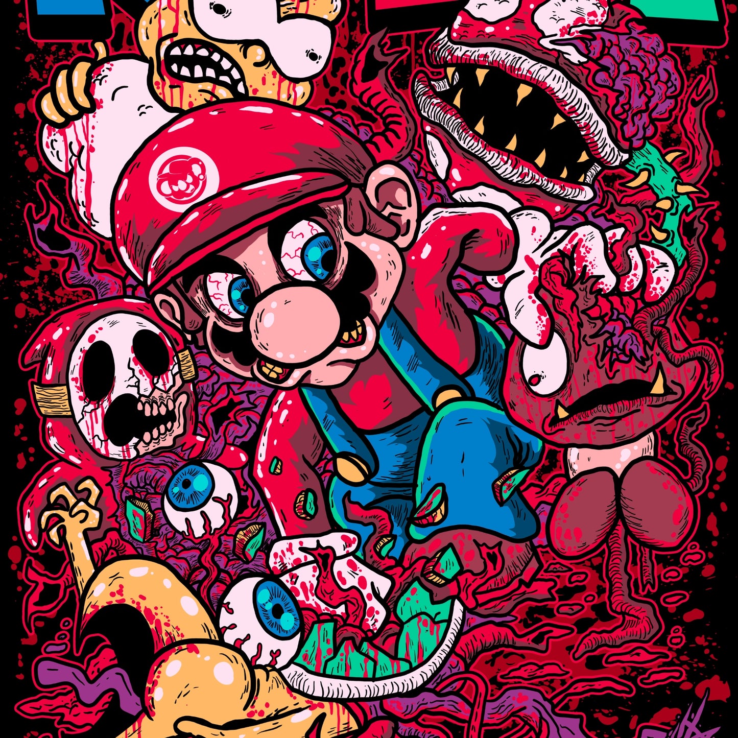 Colorful illustration of a character with various monsters and abstract elements on a dark background