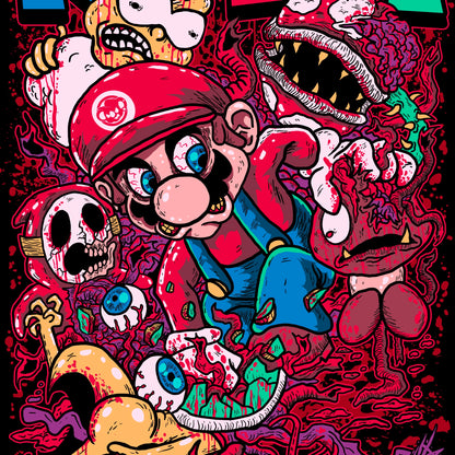 Colorful illustration of a character with various monsters and abstract elements on a dark background