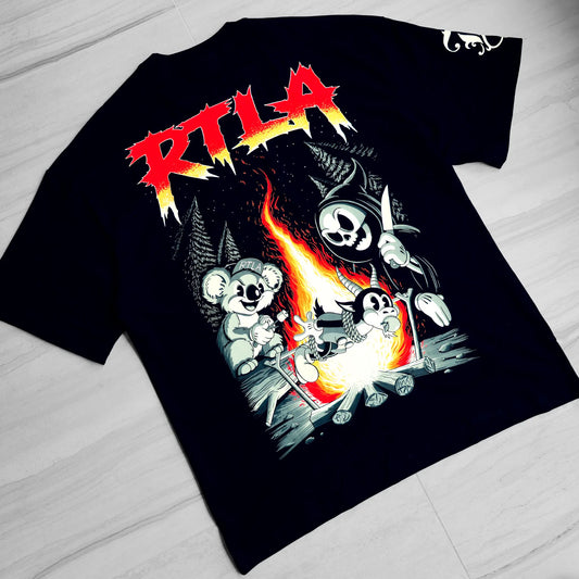 Black t-shirt with graphic design featuring two animals playing guitar and the text 'RTLA' on a light gray surface.