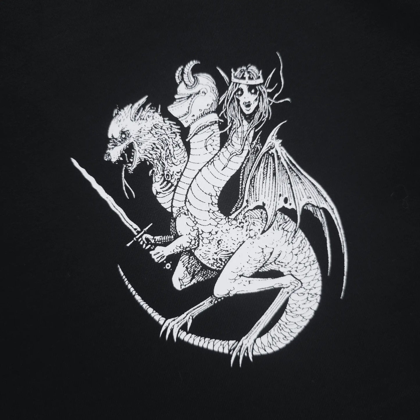 White dragon and woman illustration on a black background