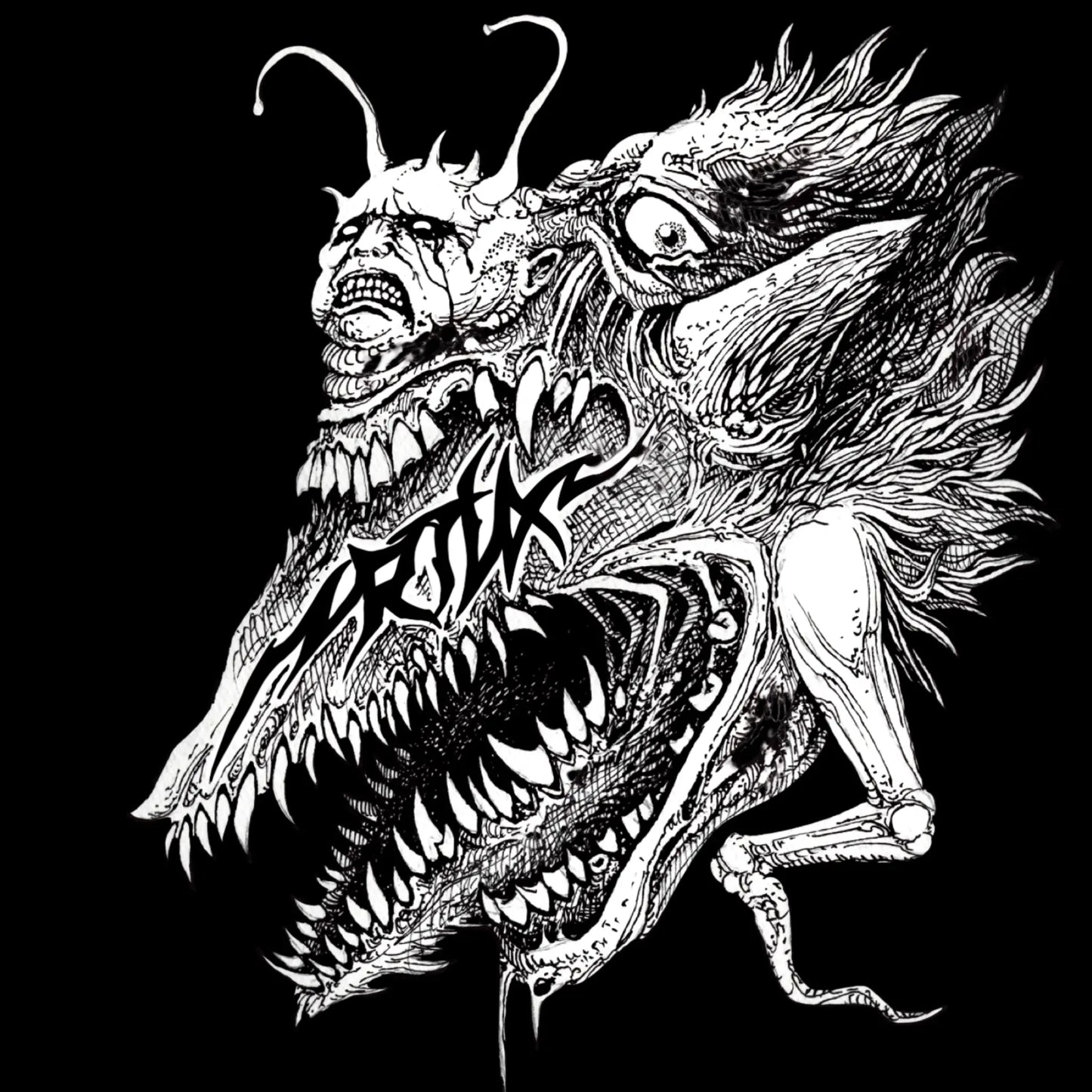 Black and white illustration of a dragon-like creature with intricate details on a black background