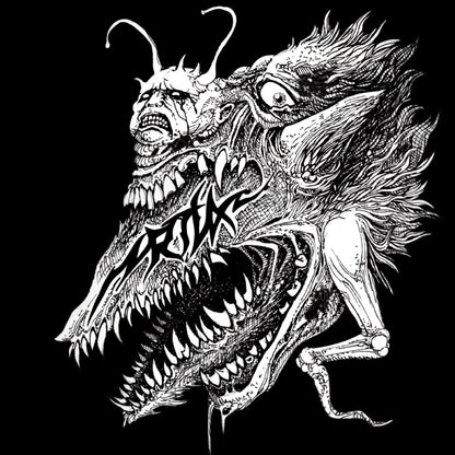 Black and white illustration of a dragon-like creature with intricate details on a black background