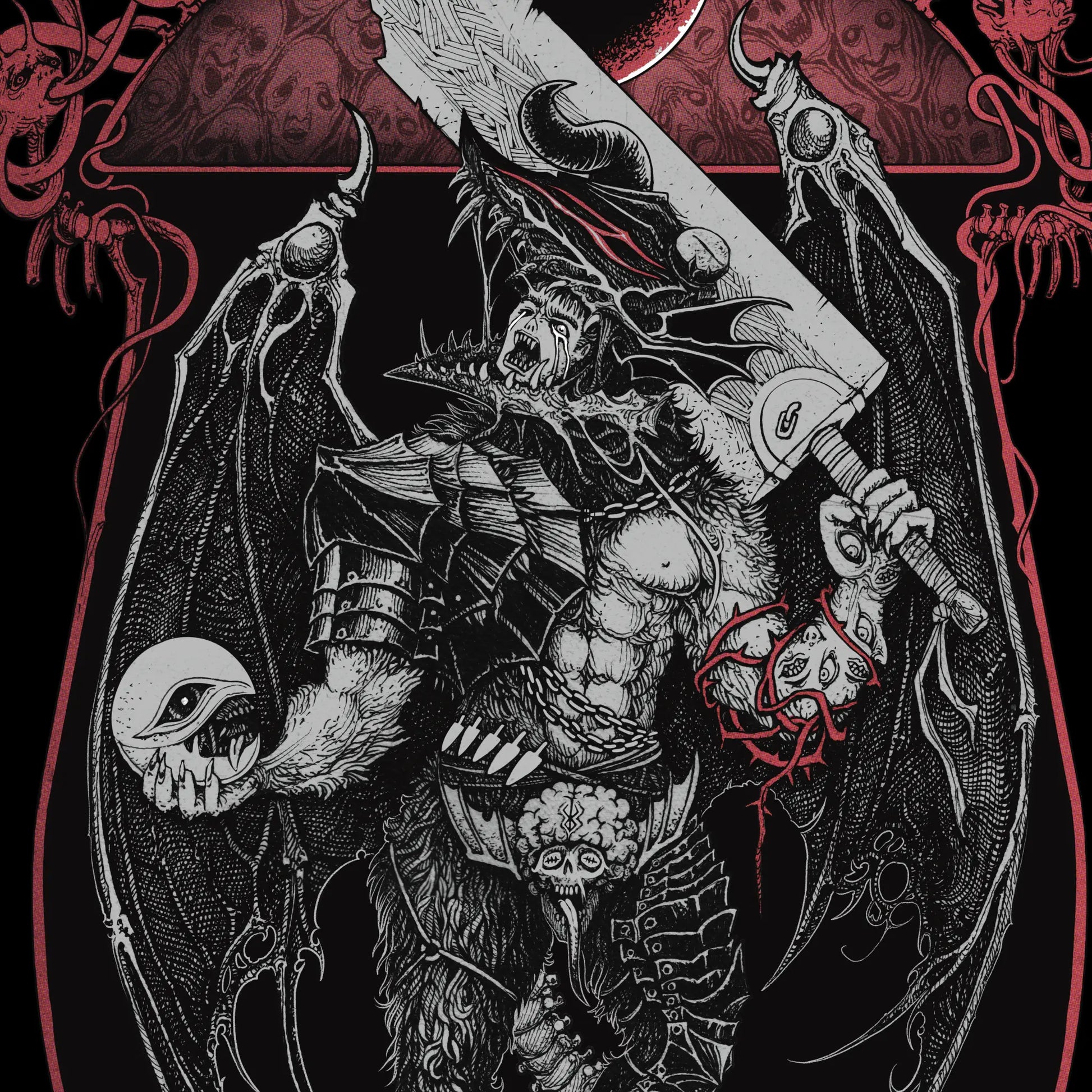 Gothic-style illustration of a warrior with armor and a sword on a dark background.