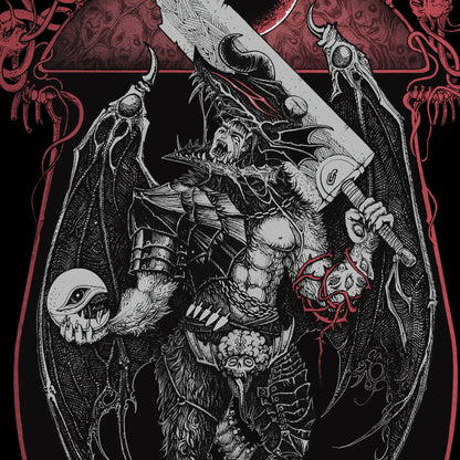 Gothic-style illustration of a warrior with armor and a sword on a dark background.