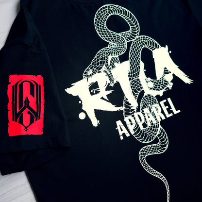 Black t-shirt with white snake design and red logo on a white background
