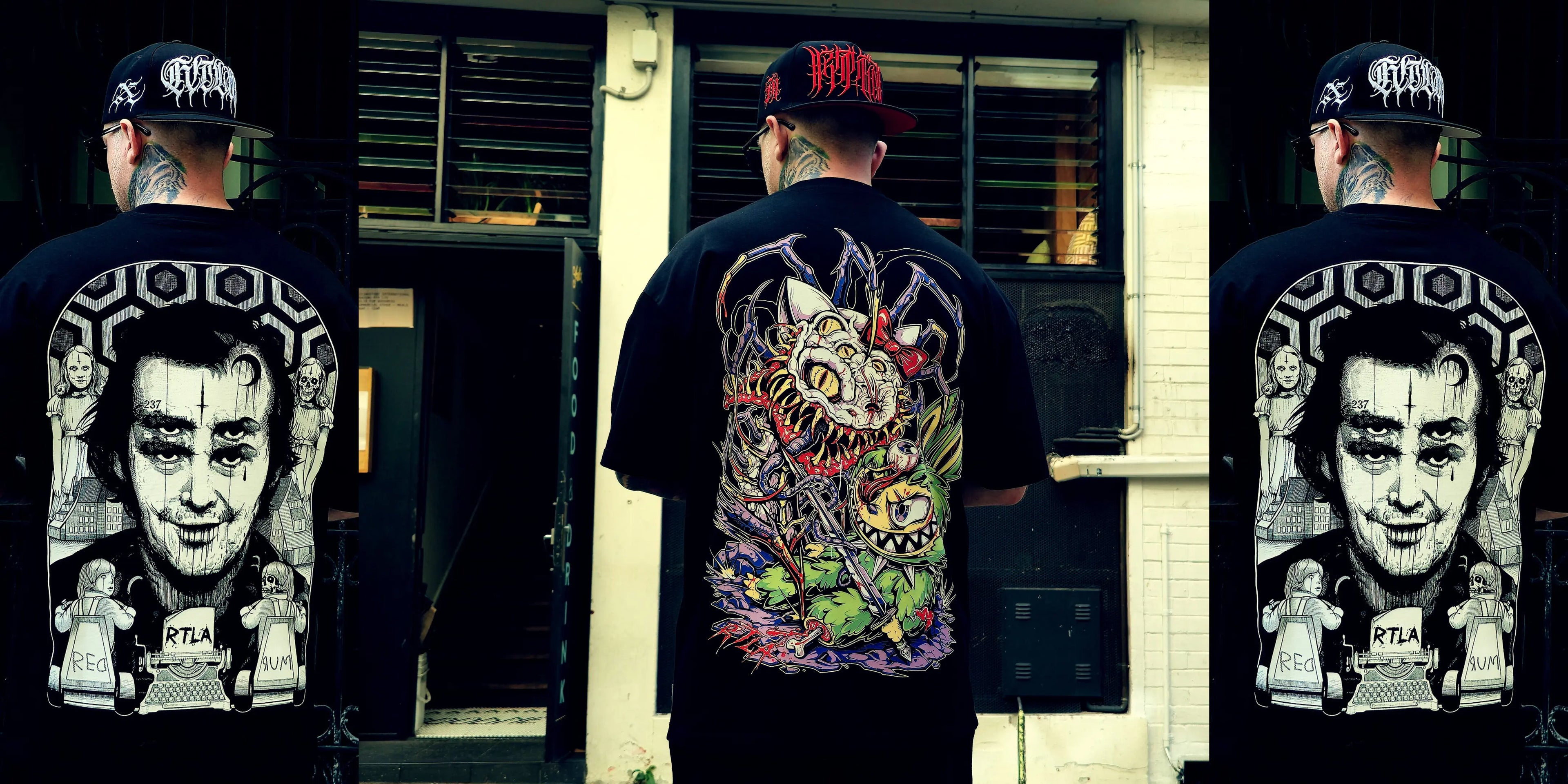 Three views of a person wearing a black t-shirt with graphic designs on the back, including a face and abstract elements.