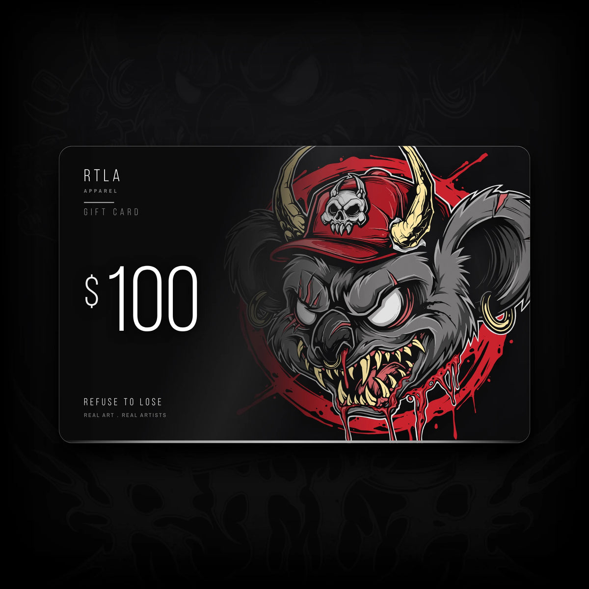 A $100 gift card from RTLA Apparel featuring a stylized illustration of a dark gray Koala wearing a red cap with a skull emblem, on a black background.