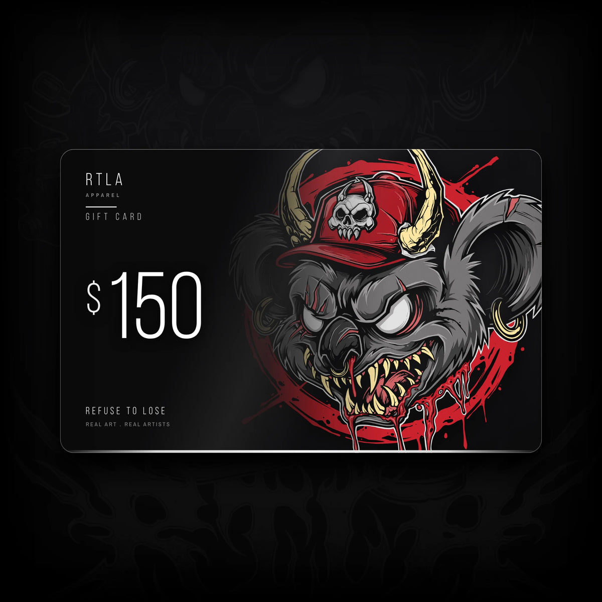 A $150 gift card from RTLA Apparel featuring a stylized illustration of a dark grey Koala wearing a red cap with a skull emblem, on a black background.