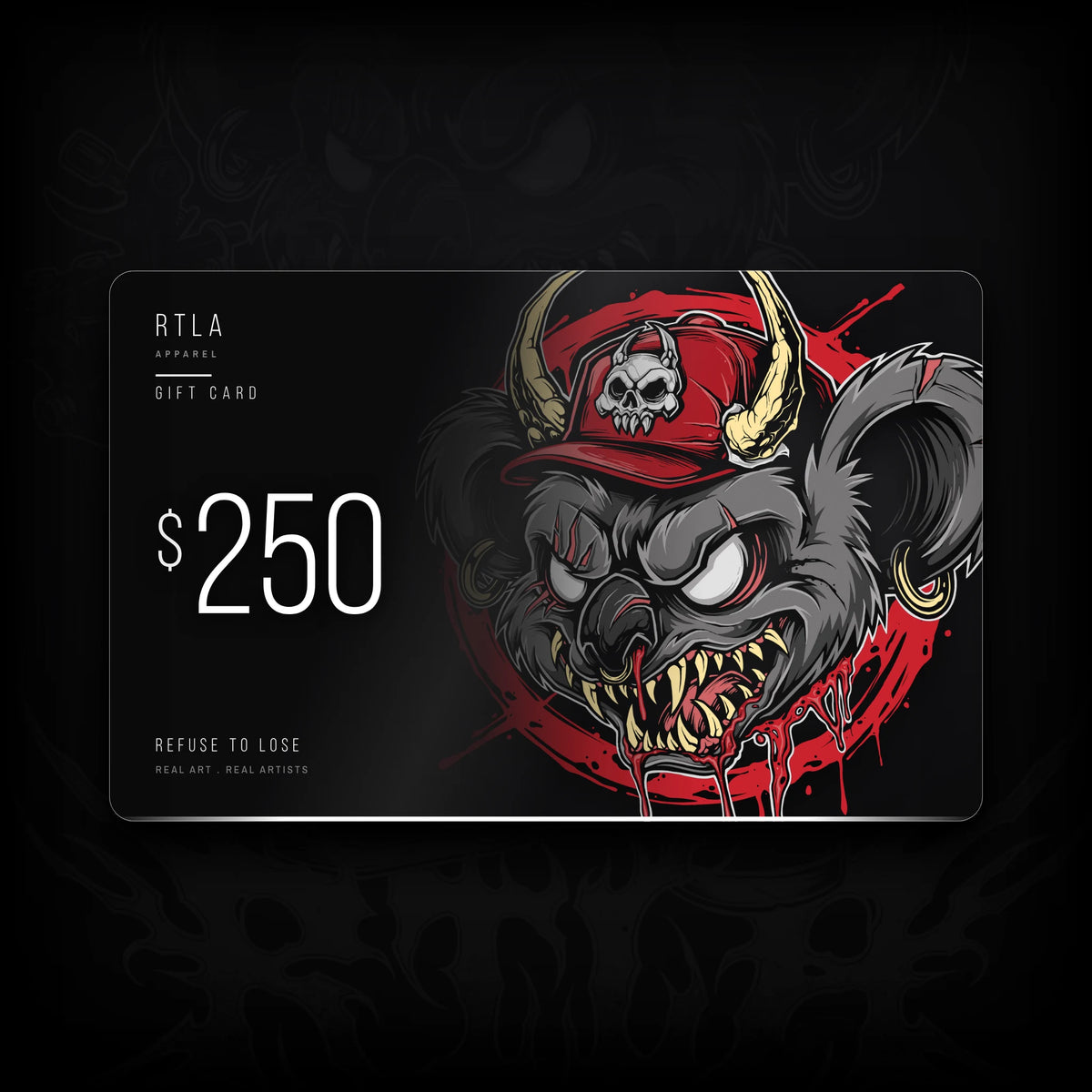 A $250 gift card from RTLA Apparel featuring a stylized illustration of a dark grey horned Koala wearing a red cap with a skull emblem, on a black background.