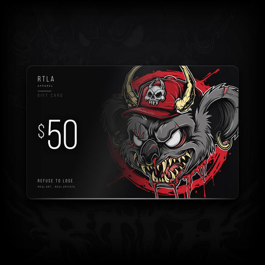 A $50 gift card from RTL A Apparel featuring a stylized illustration of a dark gray Koala wearing a red cap with a skull emblem, on a black background.