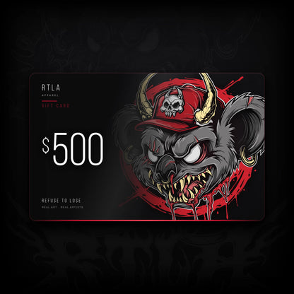 A $500 gift card from RTLA Apparel featuring a stylized illustration of a dark grey horned Koala wearing a red cap with a skull emblem, on a black background.